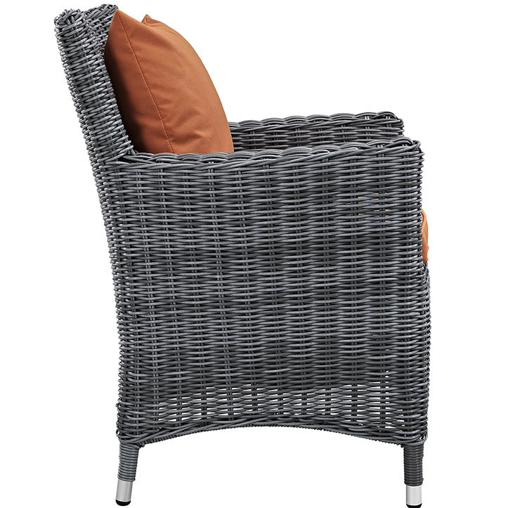 Gray Wicker Rattan Outdoor Dining Chair with Orange Cushions