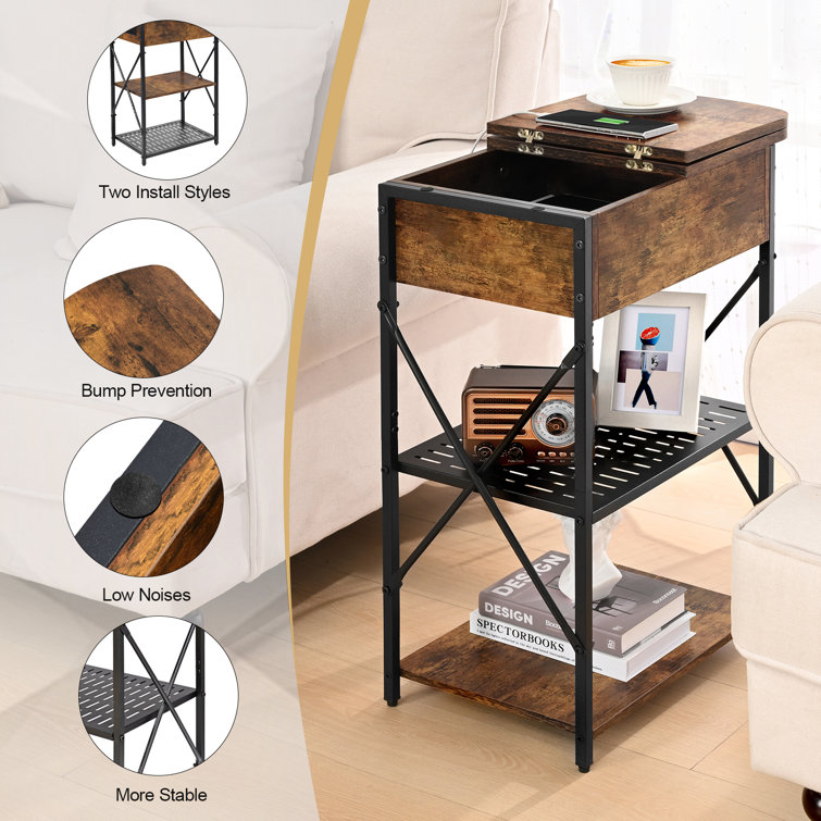 Brown Metal and Wood Flip Top End Tables with Charging Station