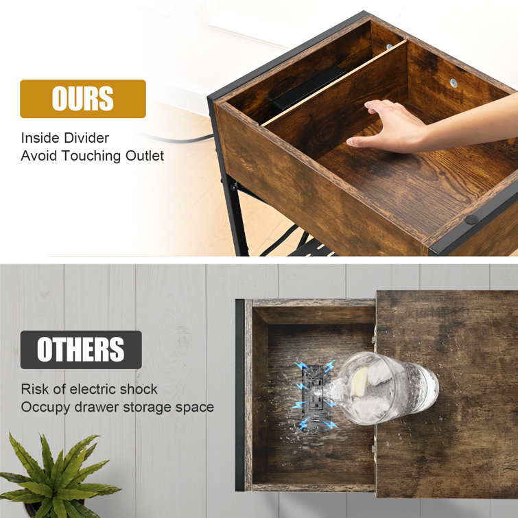 Brown Metal and Wood Flip Top End Tables with Charging Station
