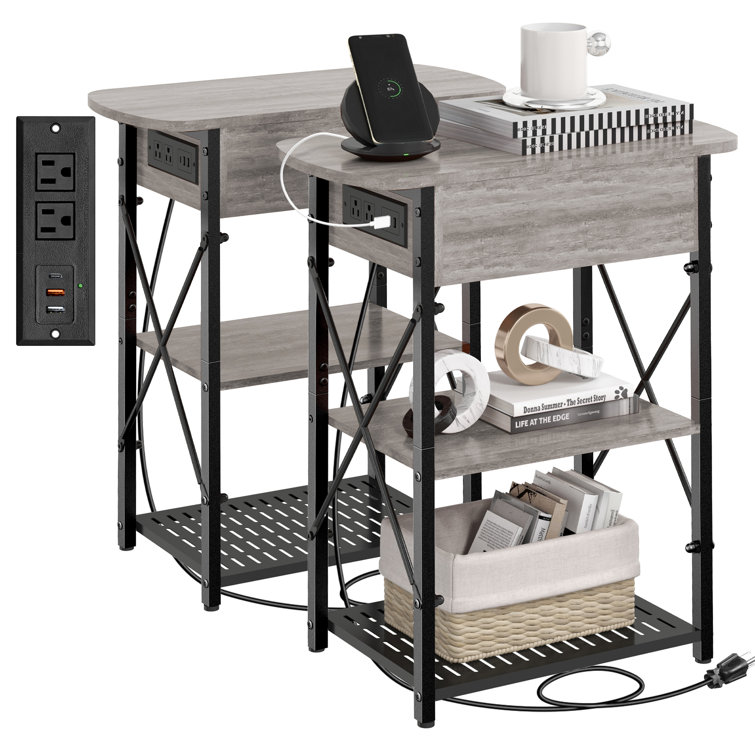 Gray Flip Top End Tables with Charging Station and Storage
