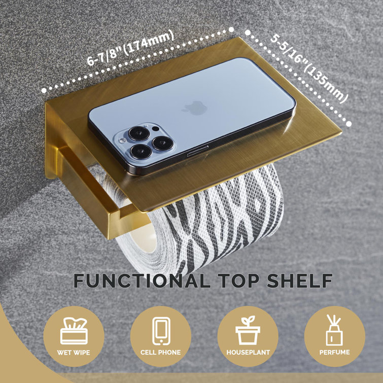 Brushed Gold Wall Mounted Toilet Paper Holder with Shelf