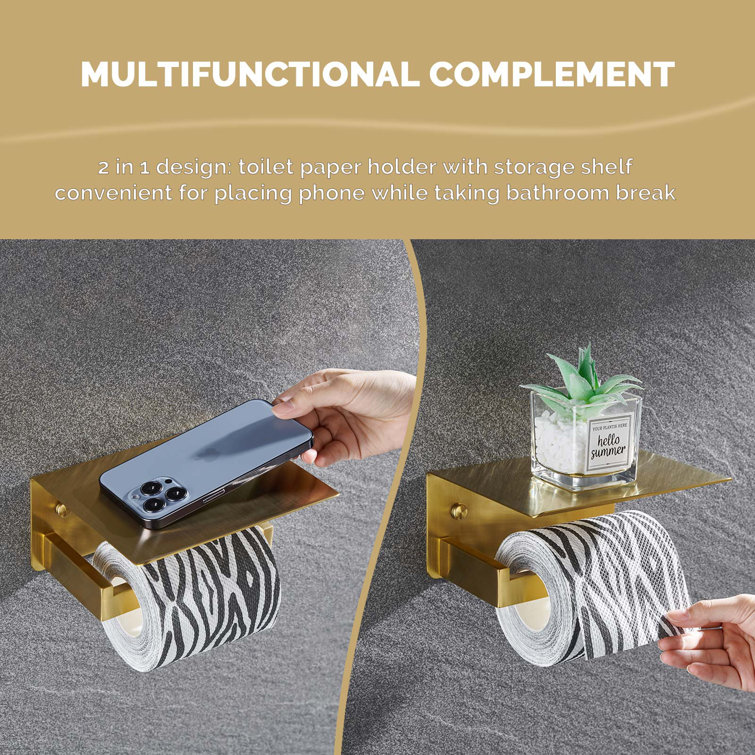 Brushed Gold Wall Mounted Toilet Paper Holder with Shelf