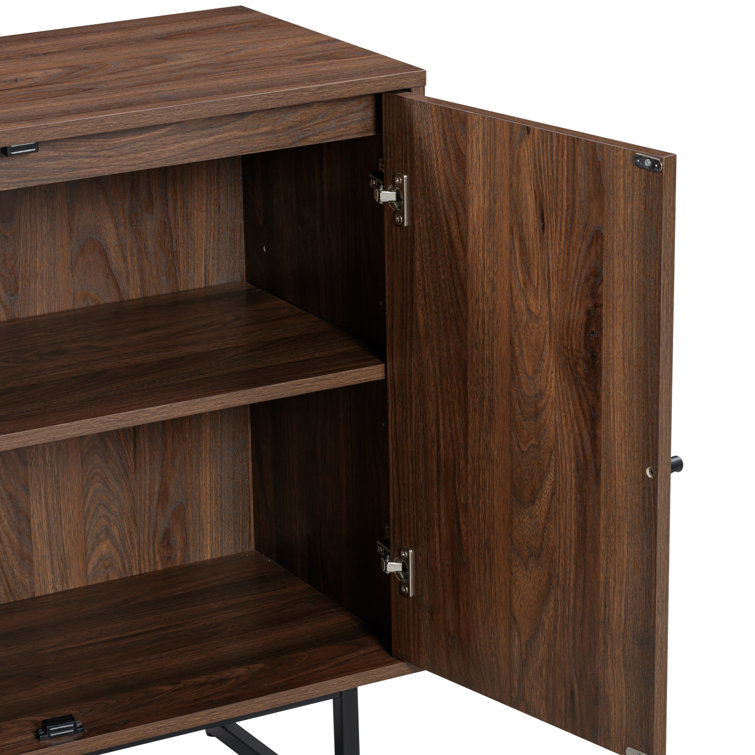 Walnut and Rattan Freestanding Storage Cabinet with Adjustable Shelves
