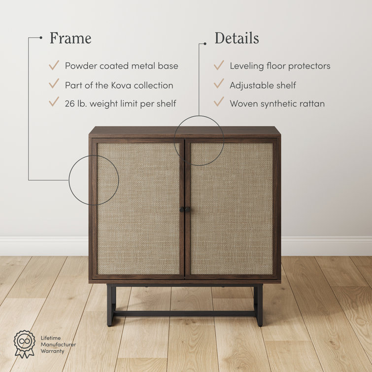 Walnut and Rattan Freestanding Storage Cabinet with Adjustable Shelves