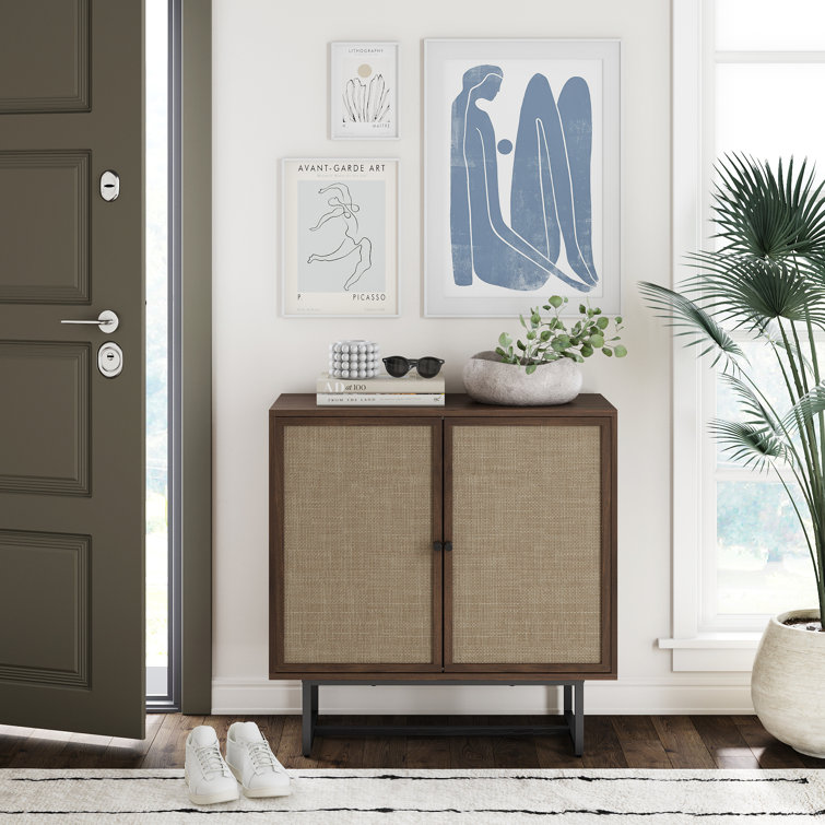 Walnut and Rattan Freestanding Storage Cabinet with Adjustable Shelves