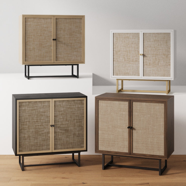 Walnut and Rattan Freestanding Storage Cabinet with Adjustable Shelves