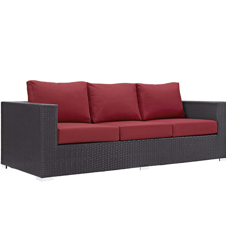 Espresso Wicker Rattan Three-Seat Outdoor Sectional Sofa with Red Cushions