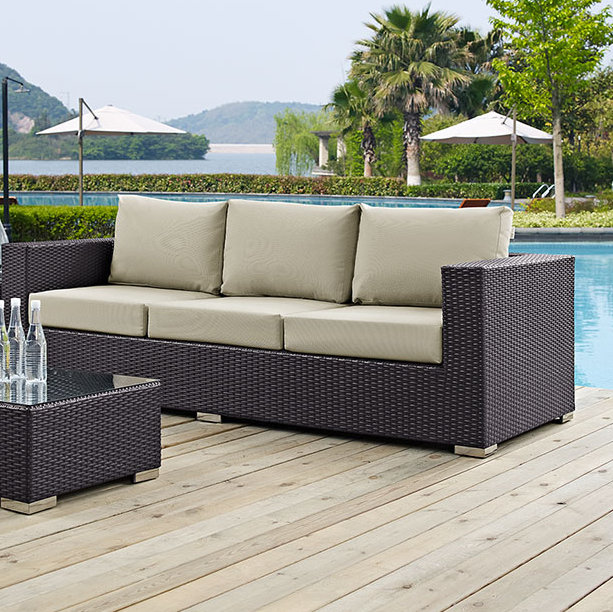Espresso Beige Wicker Rattan Outdoor Sectional Sofa