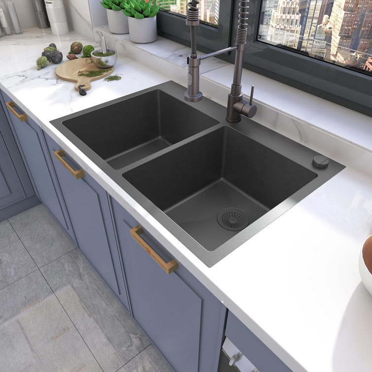 33'' Black Stainless Steel Double Bowl Drop-In Kitchen Sink