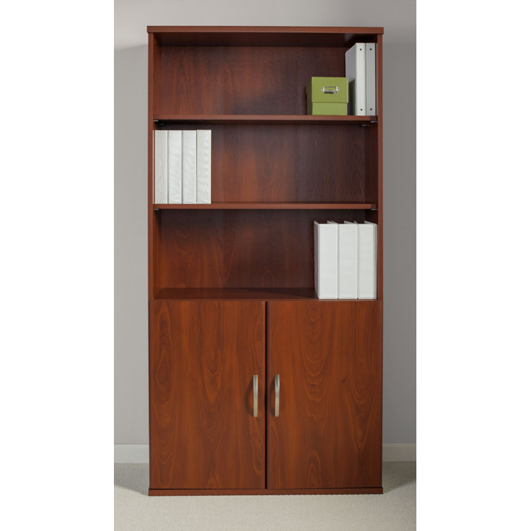 Hansen Cherry Wood 5-Shelf Bookcase with Adjustable Shelves and Doors