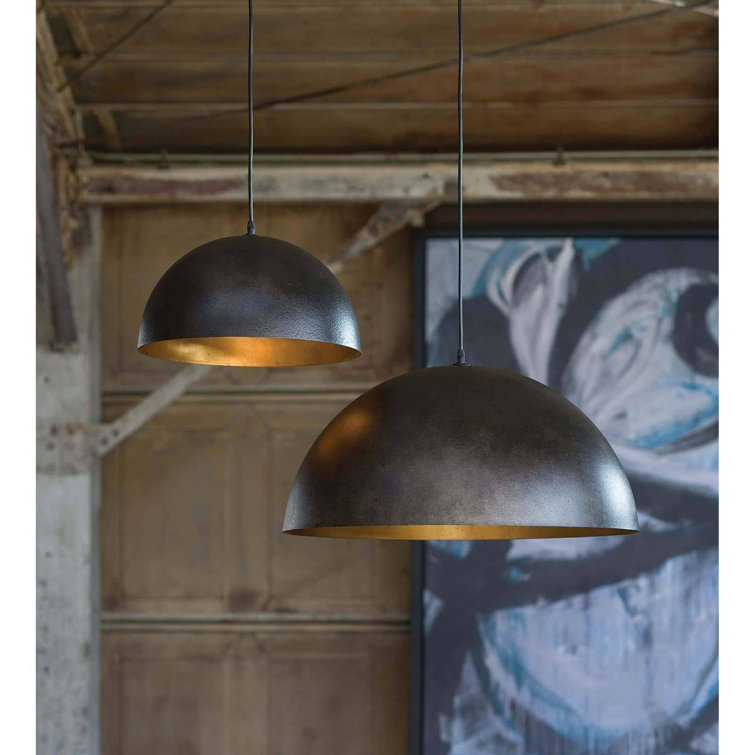 Large Blackened Steel Dome Pendant with Gold Interior