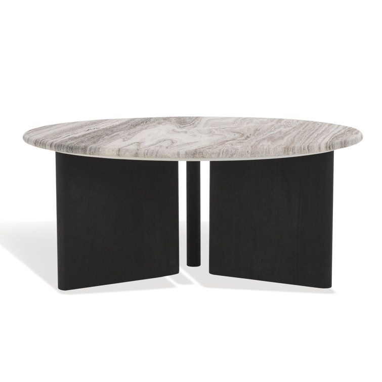 Modern Round Black Wood Coffee Table with Marble Top