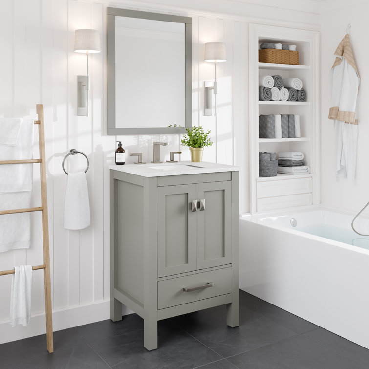 Gray Solid Wood Bathroom Vanity with White Quartz Top