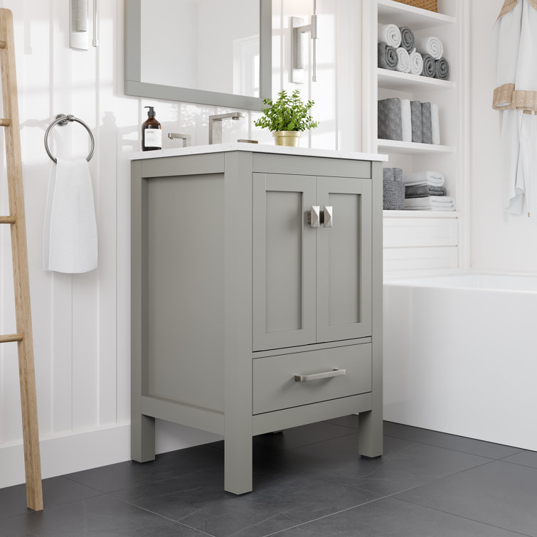 Gray Solid Wood Bathroom Vanity with White Quartz Top