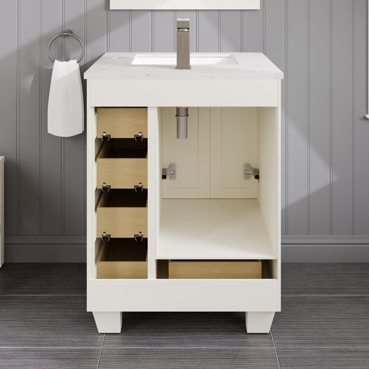 White Carrara Quartz Top Freestanding Bathroom Vanity with Porcelain Sink