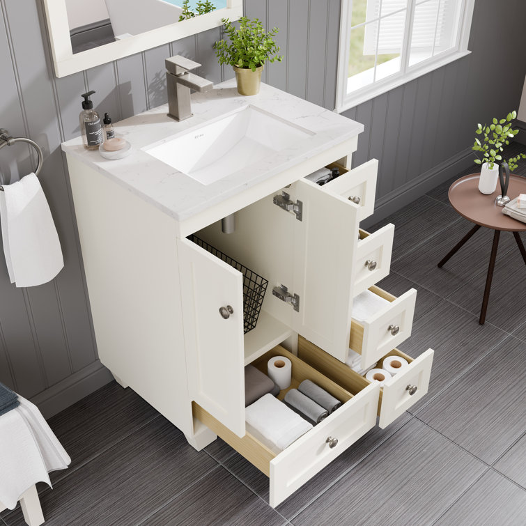 White Carrara Quartz Top Freestanding Bathroom Vanity with Porcelain Sink