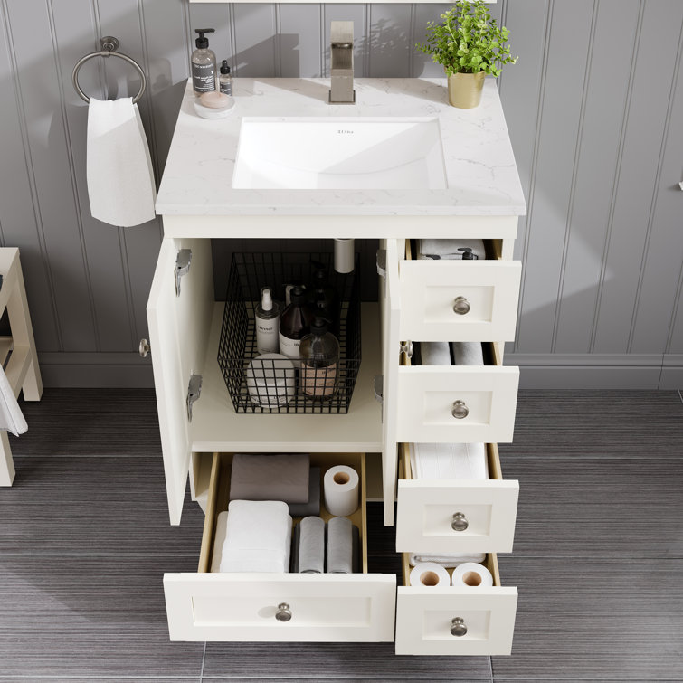 White Carrara Quartz Top Freestanding Bathroom Vanity with Porcelain Sink