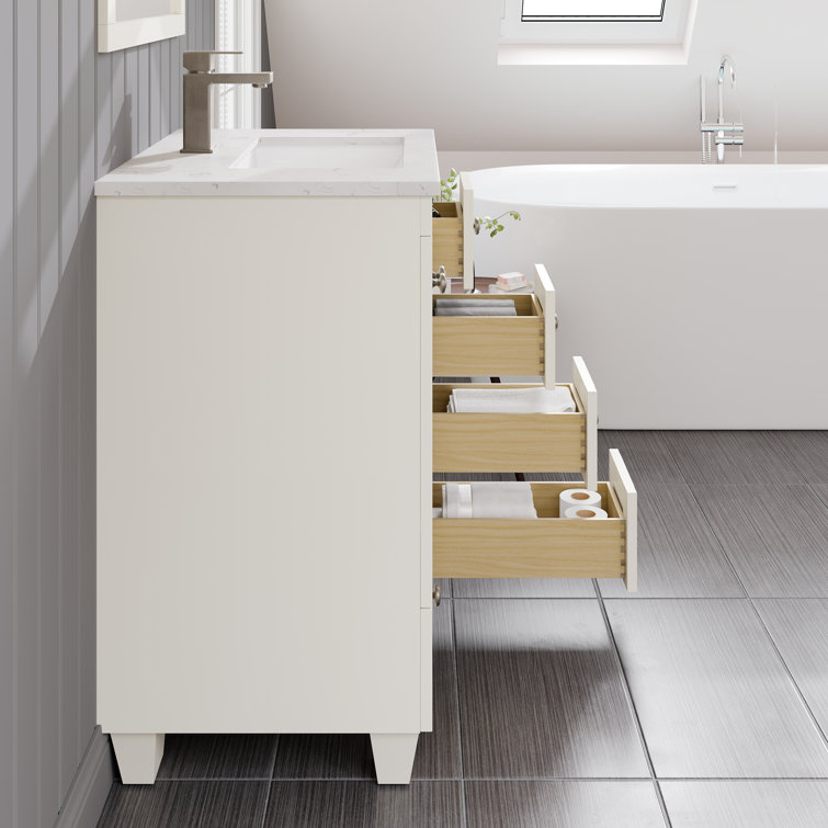 White Carrara Quartz Top Freestanding Bathroom Vanity with Porcelain Sink