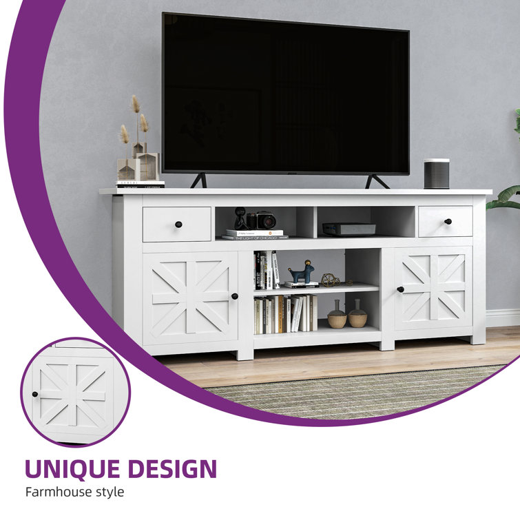 White Farmhouse TV Stand with Built-in Power Socket for 80'' Screens
