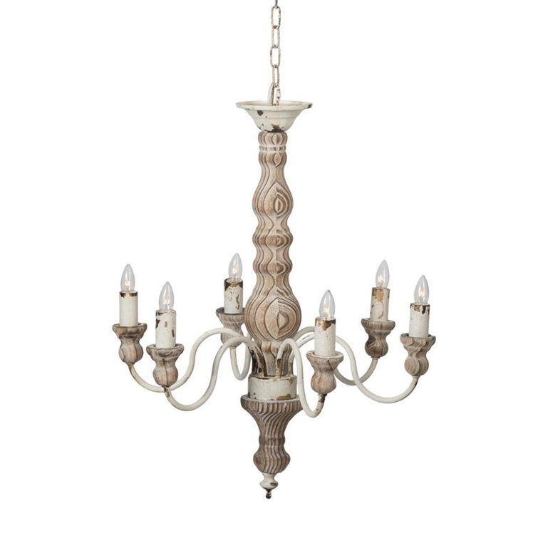 Distressed White and Natural Wood 6-Light Classic Chandelier