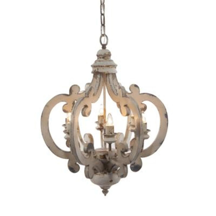 Antiqued White Wood and Metal 6-Light Geometric Chandelier
