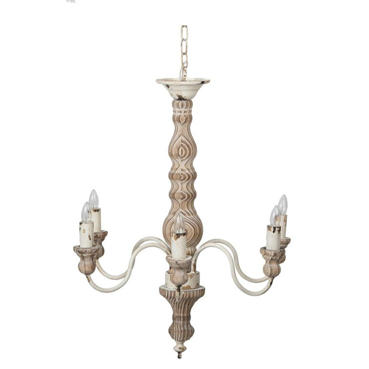 Distressed White and Natural Wood 6-Light Classic Chandelier