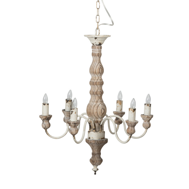 Distressed White and Natural Wood 6-Light Classic Chandelier
