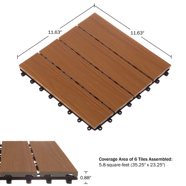 Brown Woodgrain Composite Interlocking Outdoor Deck Tiles - 11.63" x 11.63"