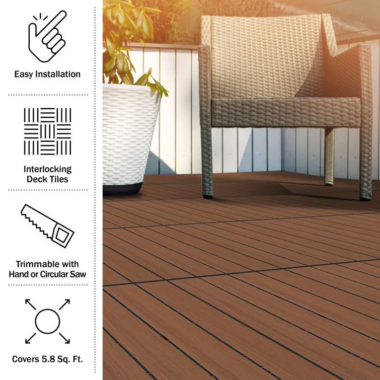 Brown Woodgrain Composite Interlocking Outdoor Deck Tiles - 11.63" x 11.63"
