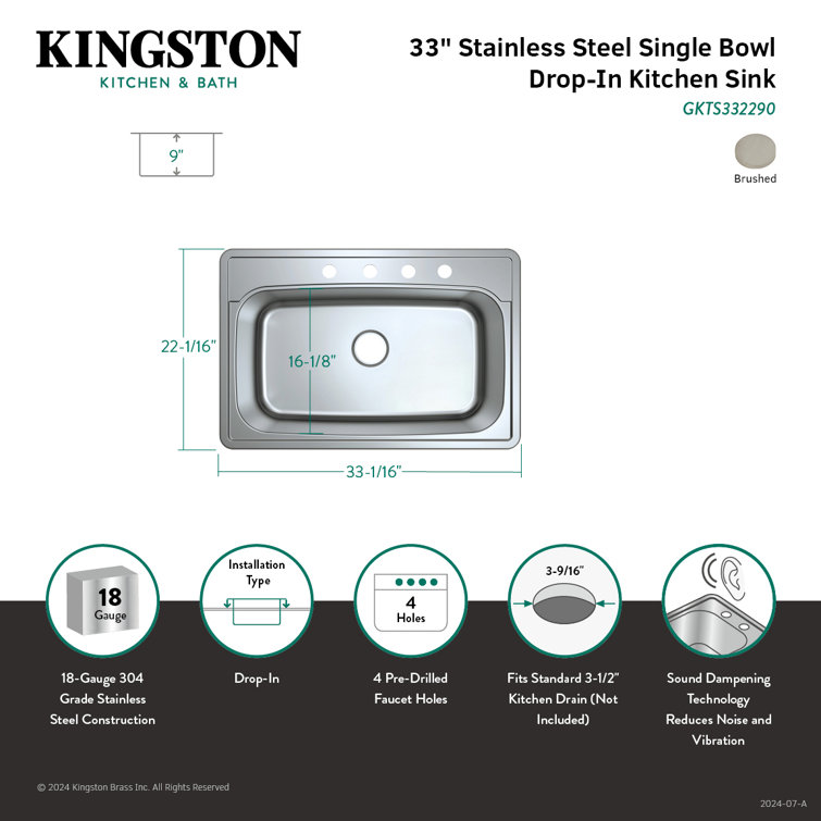 Brushed Stainless Steel 33-Inch Single Bowl Drop-In Kitchen Sink