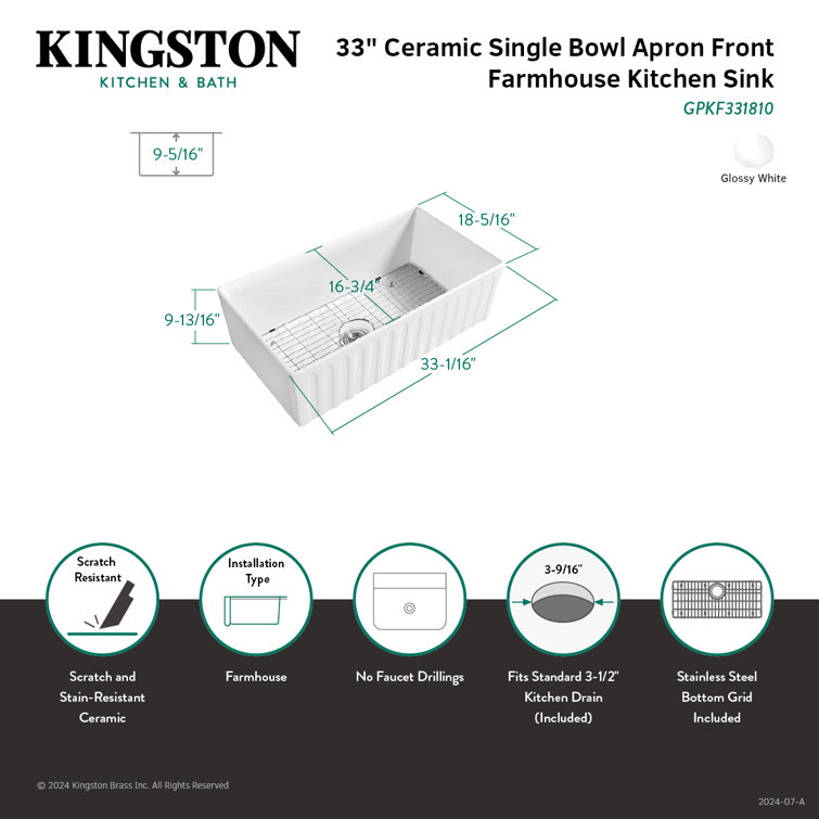 Glossy White Ceramic Apron-Front Farmhouse Kitchen Sink with Bottom Grid