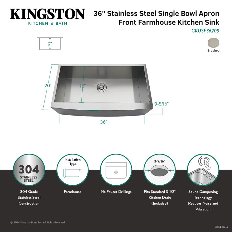 Brushed Stainless Steel 36-Inch Farmhouse Apron-Front Kitchen Sink