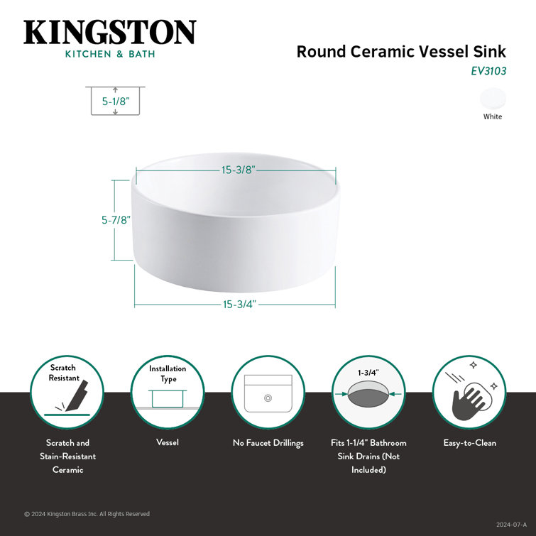 White Round Ceramic Vessel Sink for Bathroom