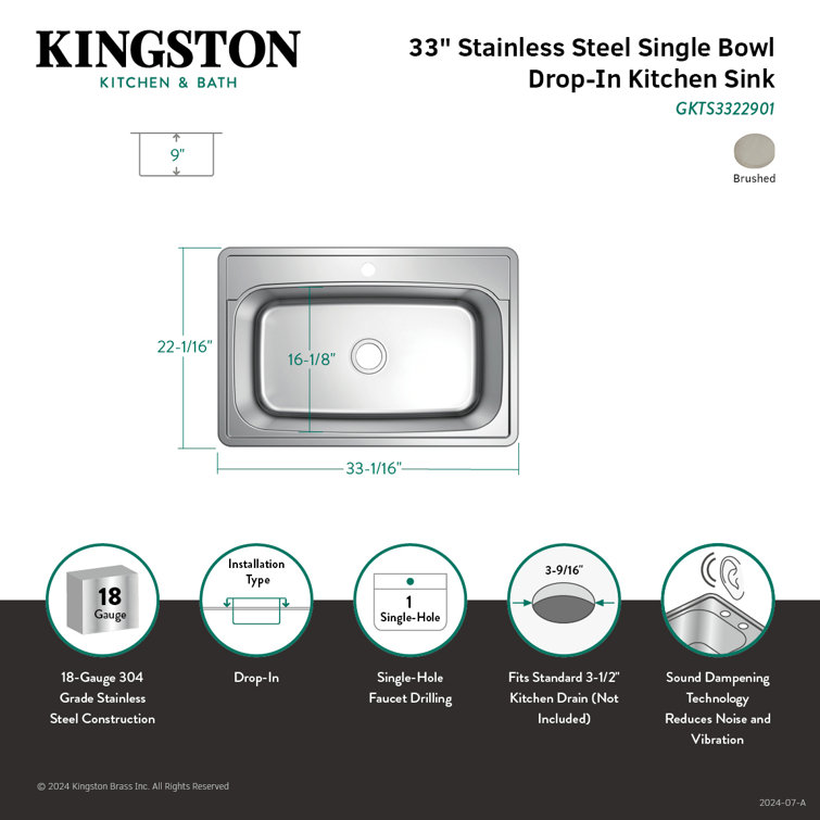 Brushed Stainless Steel Single Bowl Drop-In Kitchen Sink