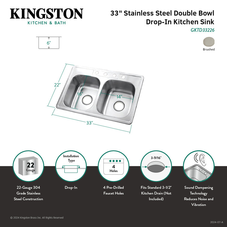 Brushed Stainless Steel Double Bowl Drop-In Kitchen Sink
