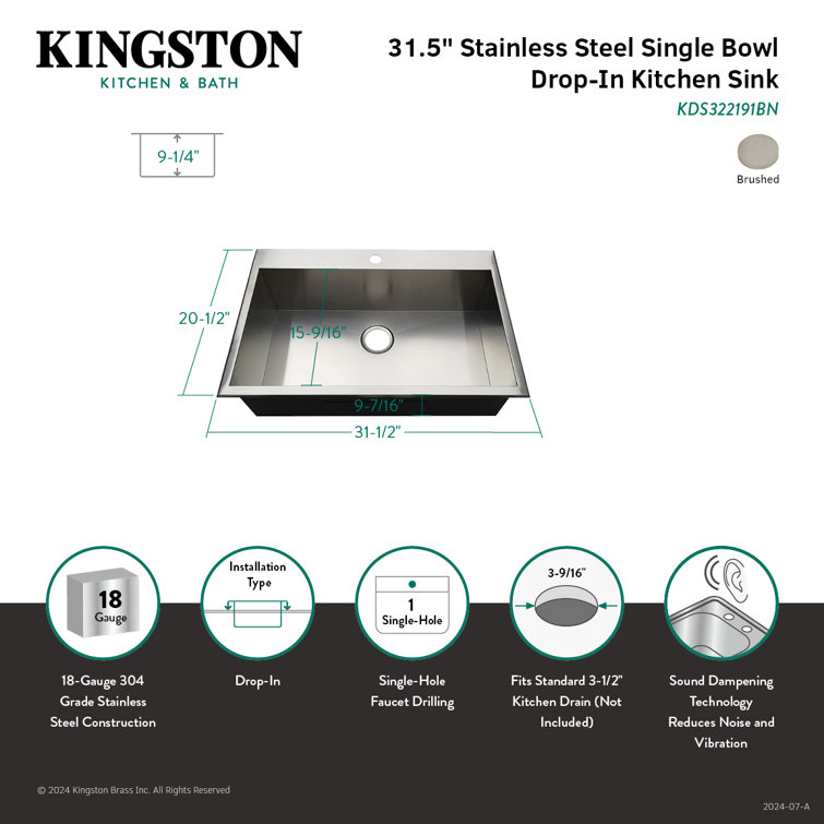 32-Inch Brushed Stainless Steel Single Bowl Drop-In Kitchen Sink