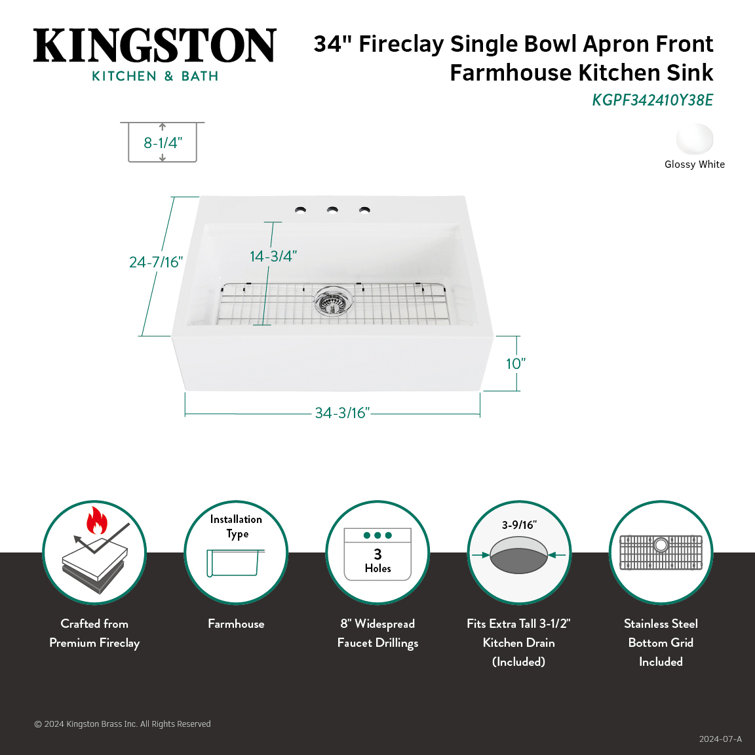 Glossy White Fireclay Farmhouse Kitchen Sink, 34-Inch Single Bowl