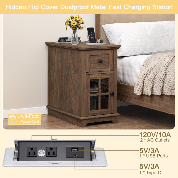 Dark Walnut Rectangular End Table Set with Storage and Charging Station