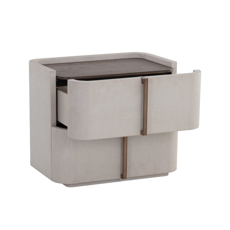 Cream Faux Leather 2-Drawer Nightstand with Oak Veneer Top