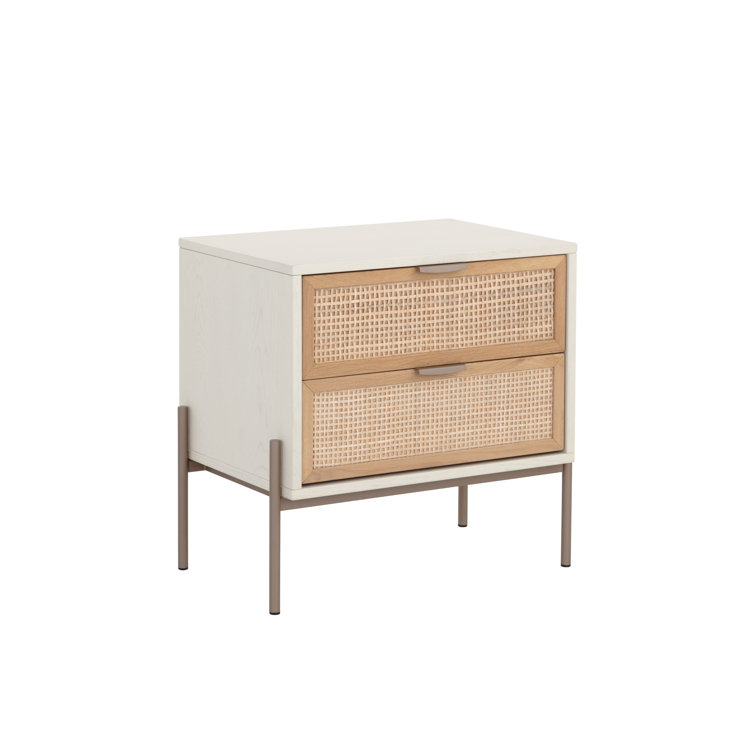 Cream Oak and Rattan 2-Drawer Nightstand with Gold Iron Legs