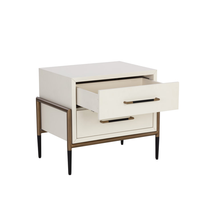 Cream and Gold 2-Drawer Mid Century Modern Nightstand