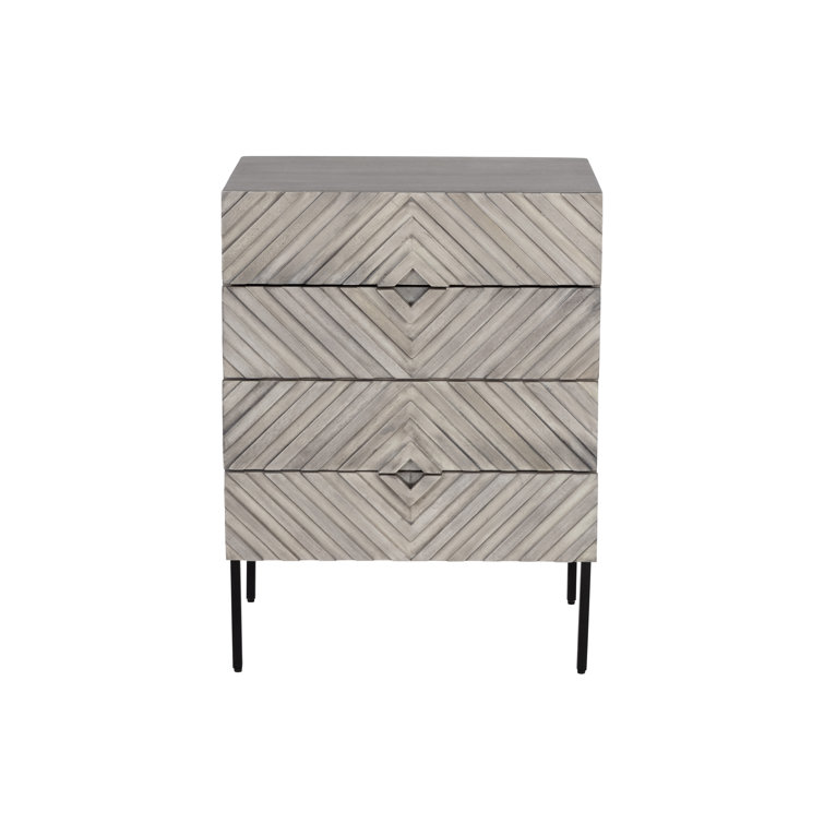 Gray Mango Wood 4-Drawer Chevron Nightstand