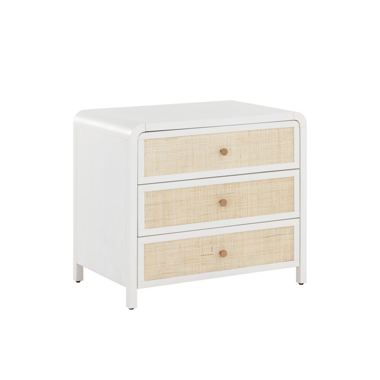 White and Rattan 3-Drawer Nightstand with Copper Hardware
