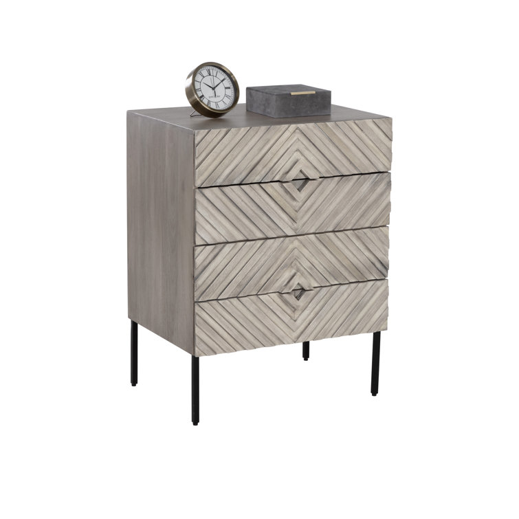 Gray Mango Wood 4-Drawer Chevron Nightstand