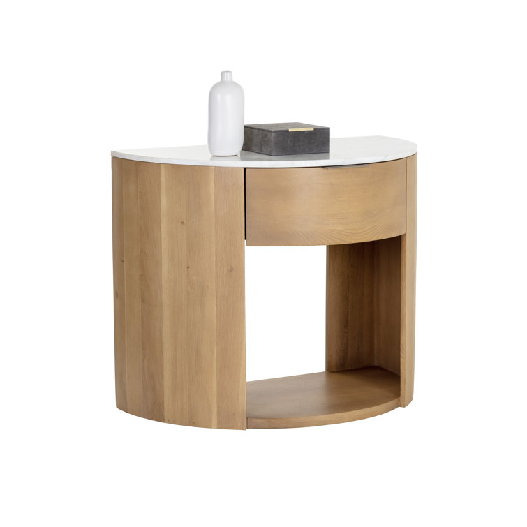 Stella White Marble and Oak Nightstand with Brass Handle