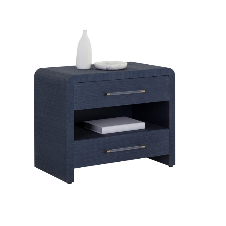 Indigo Blue Raffia 2-Drawer Transitional Nightstand