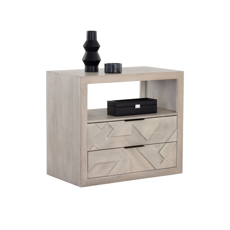 Gray Mango Wood 2-Drawer Nightstand with Open Shelf