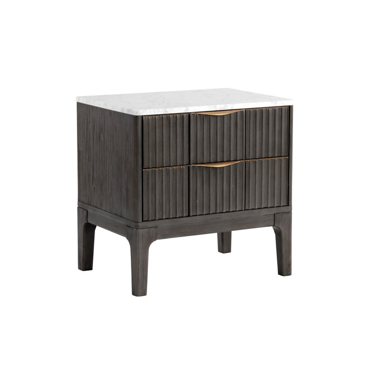 White Marble and Gray Acacia 2-Drawer Nightstand