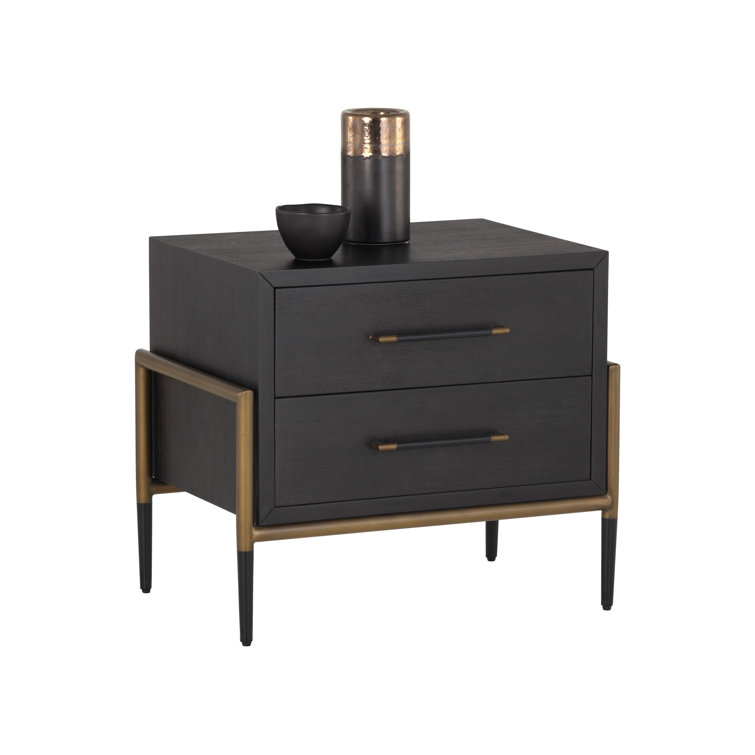 Brown Transitional 2-Drawer Nightstand with Metal Accents