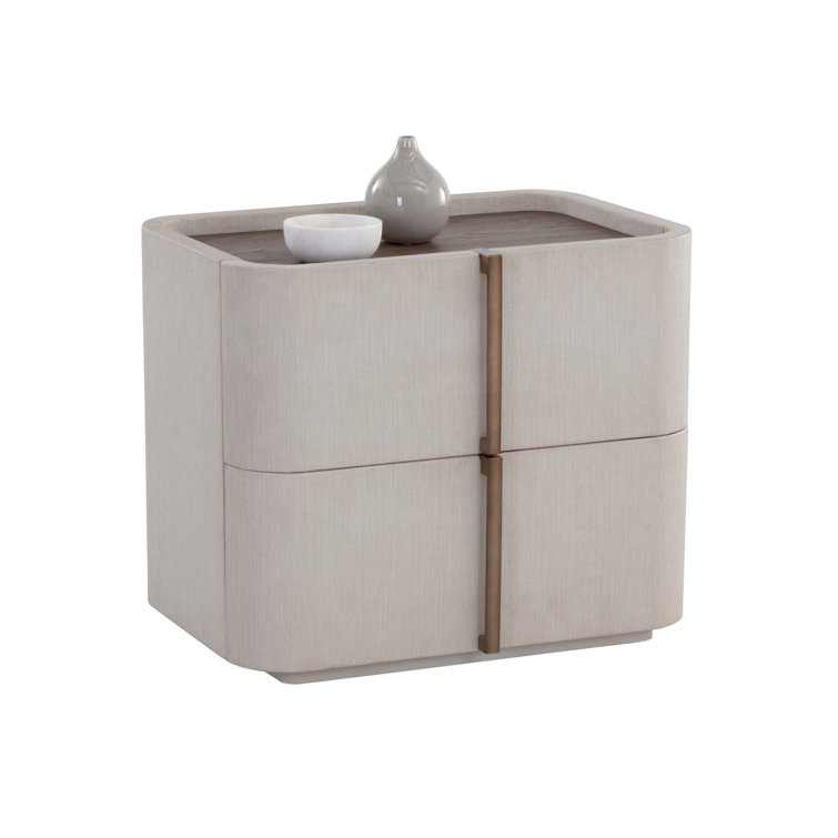Cream Faux Leather 2-Drawer Nightstand with Oak Veneer Top
